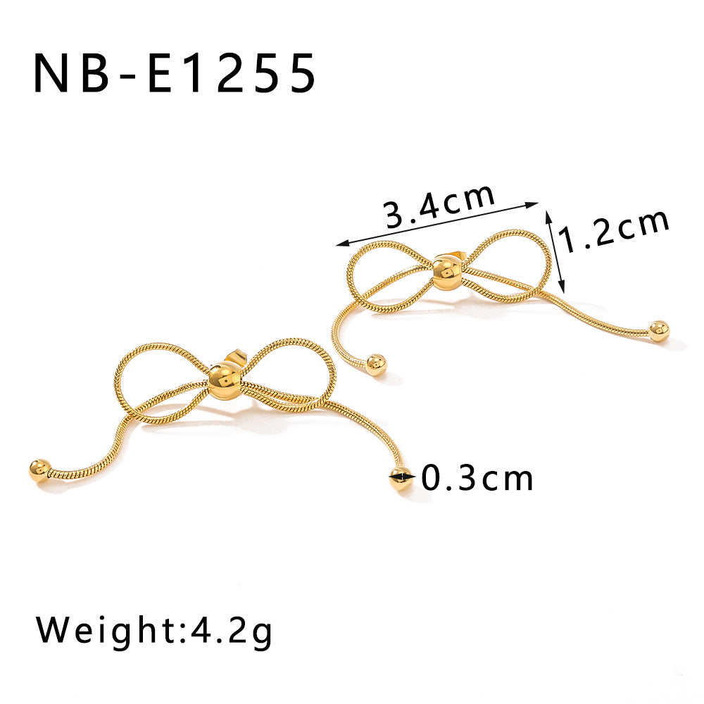 Minimalist Bow-Shaped Stainless Steel Earrings with Pull-Through Design and Tassel Details