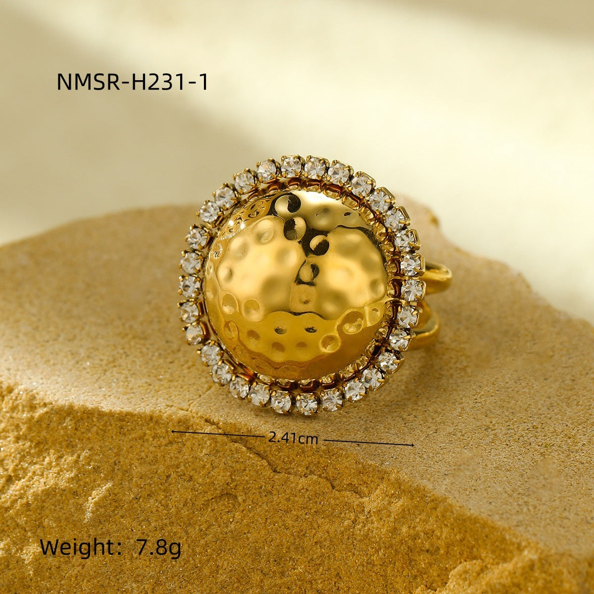 Anillo redondo de acero titanio de lujo con incrustaciones de diamantes de imitación y acabado chapado para mujer