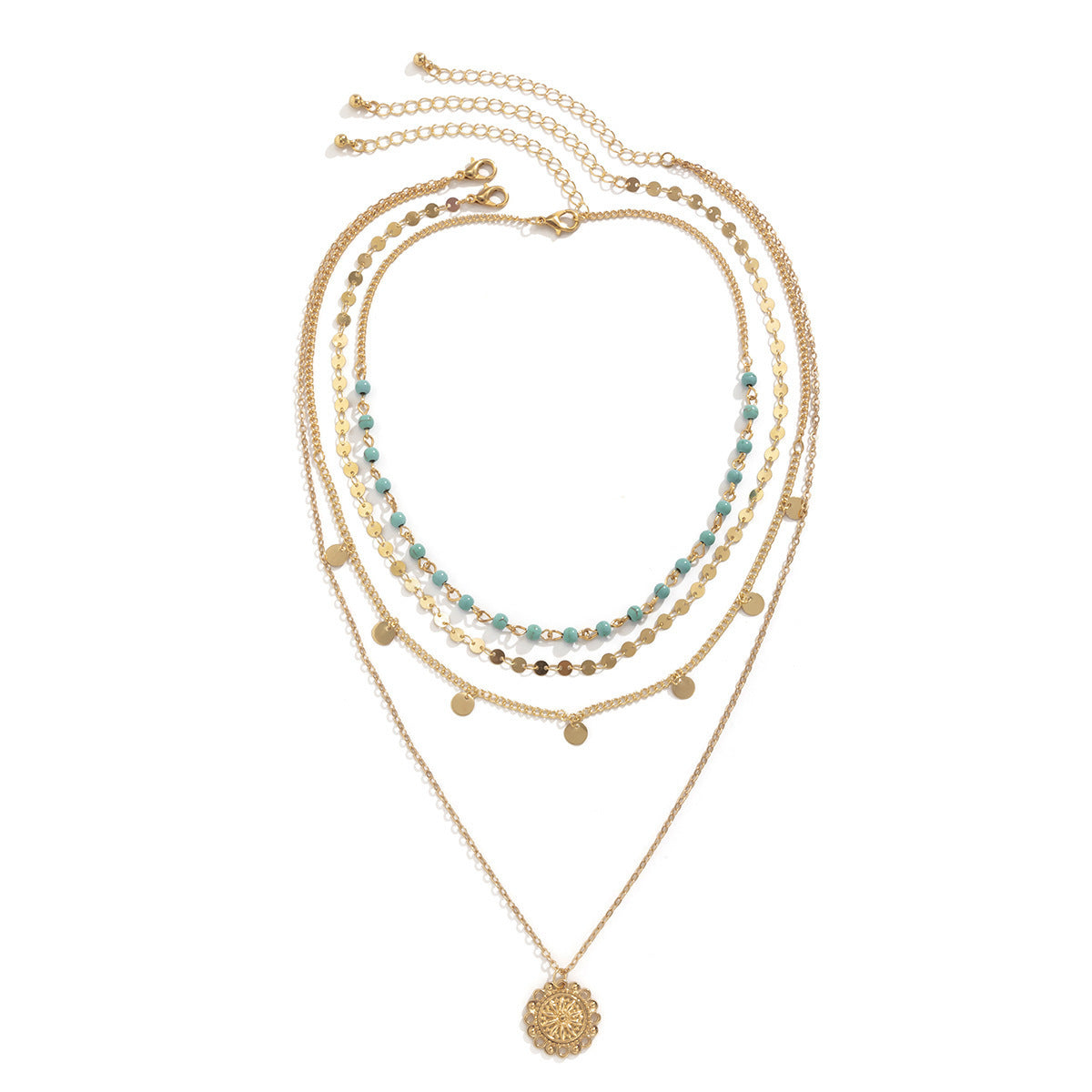 Geometric Floral Turquoise Inlay Pendant Necklace for Women with Multi-Layer Clavicle Chain in Zinc Alloy