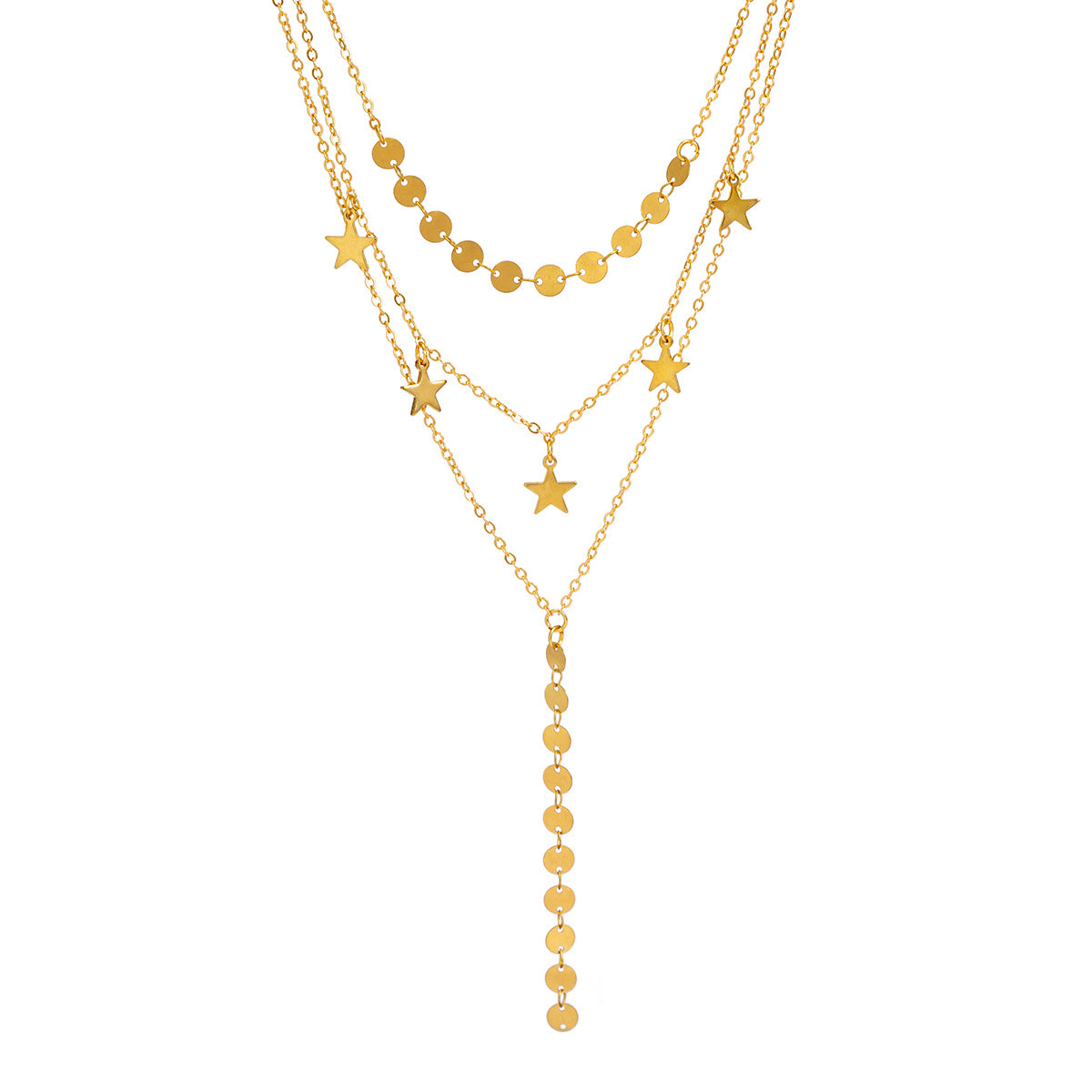 Hip-hop Geometric Star Tassel Brass Plated Alloy Pendant Multi-layer Curb Chain Necklace for Women