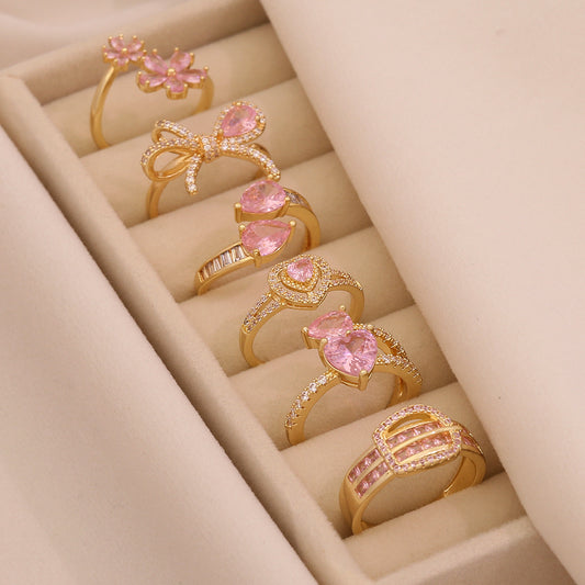 Anillo de Cobre para Mujer con Diseño de Corazón y Lazo, con Incrustaciones de Circonita Cúbica