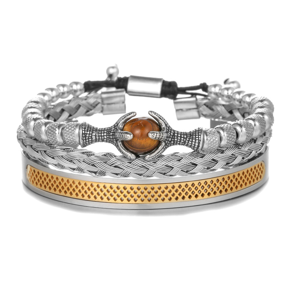 Personalized 10mm Tiger's Eye Titanium Steel Rope Chain Bracelet Set with Dragon Claw Beads