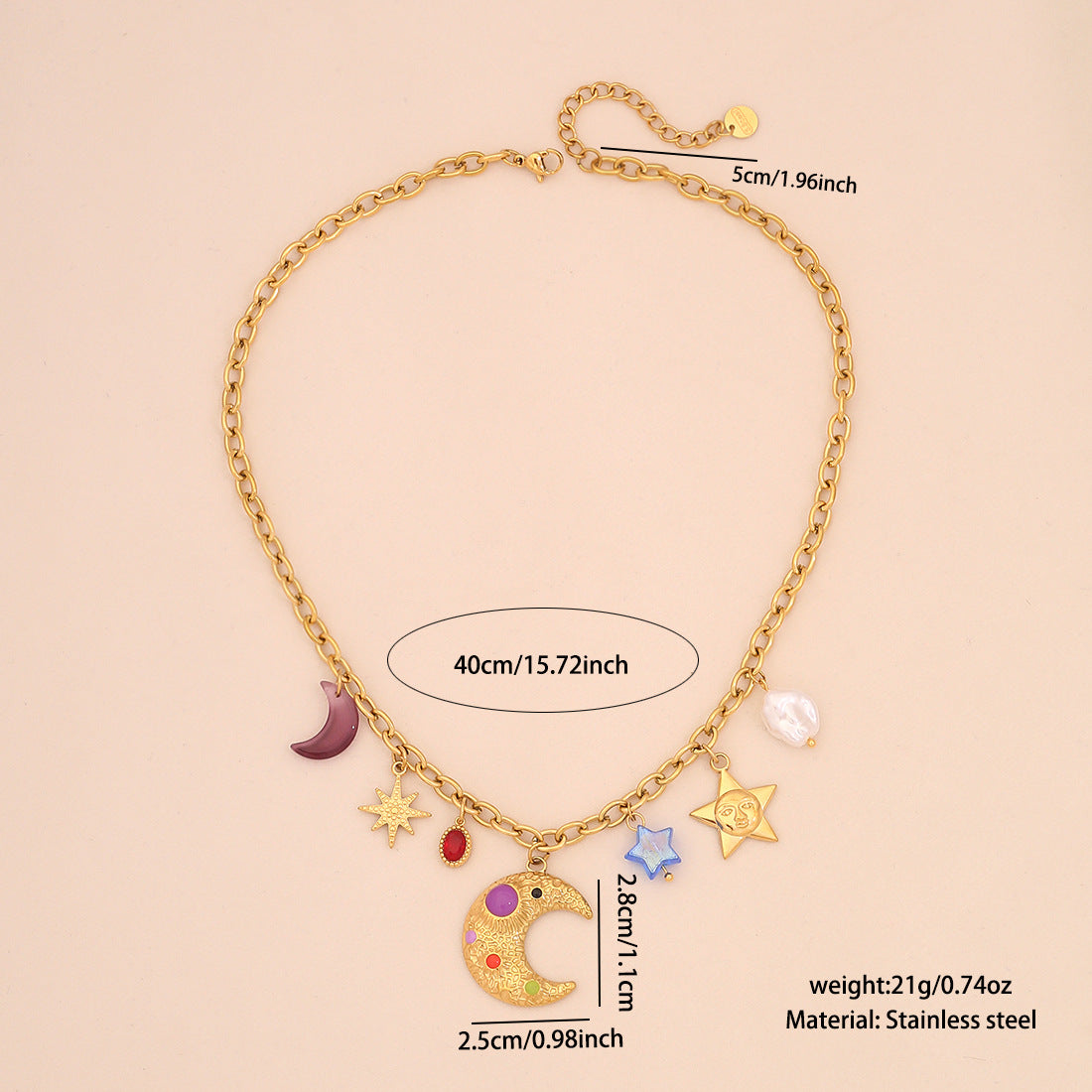 Personalized Star and Moon Colorful Glass Imitation Pearl Stainless Steel Necklace