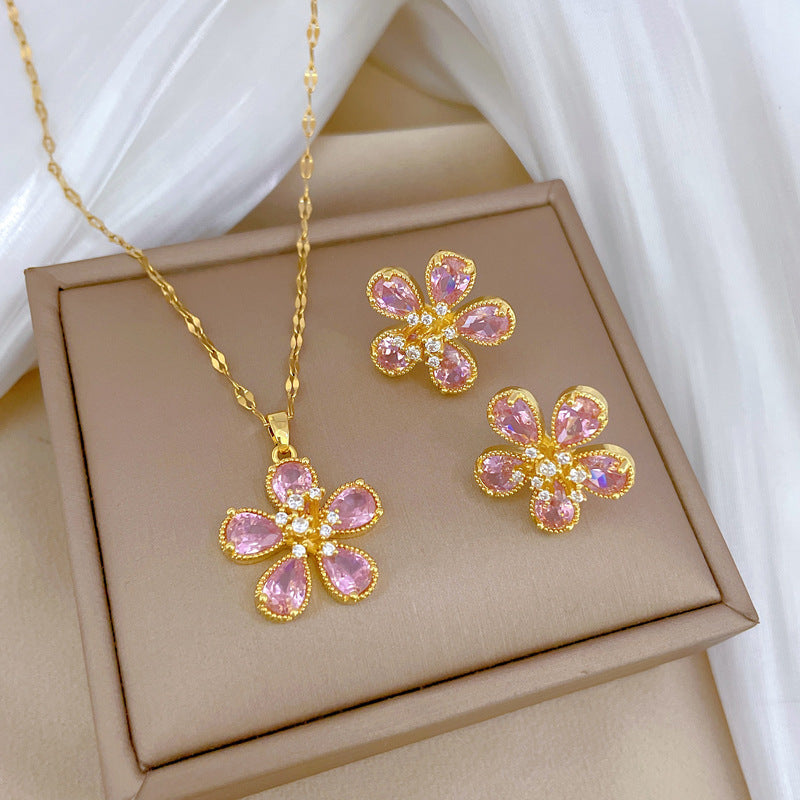 Set Collana e Orecchini da Donna a Fiori Geometrici in Acciaio al Titanio di Lusso