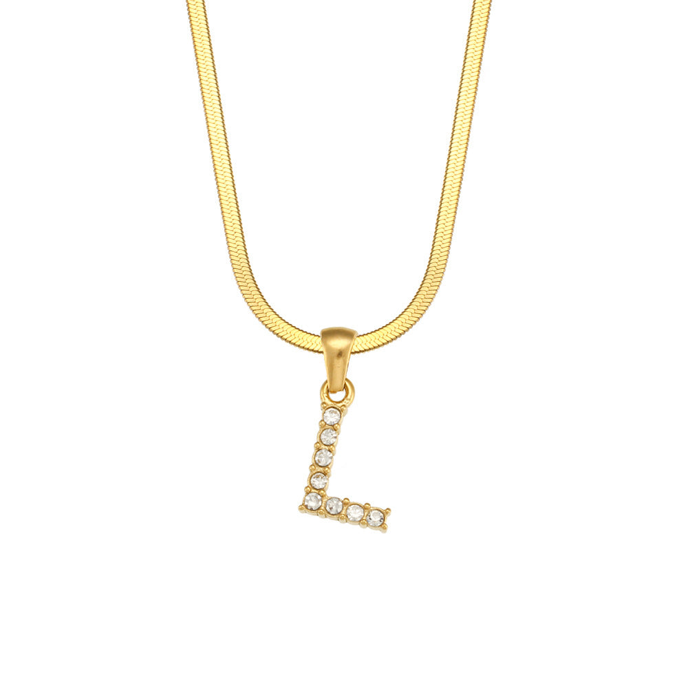 Collana Minimalista con Ciondolo a Lettera in Acciaio Inossidabile con Placcatura in Oro 18K e Zircone su Catena a Serpente Piatta per Donna