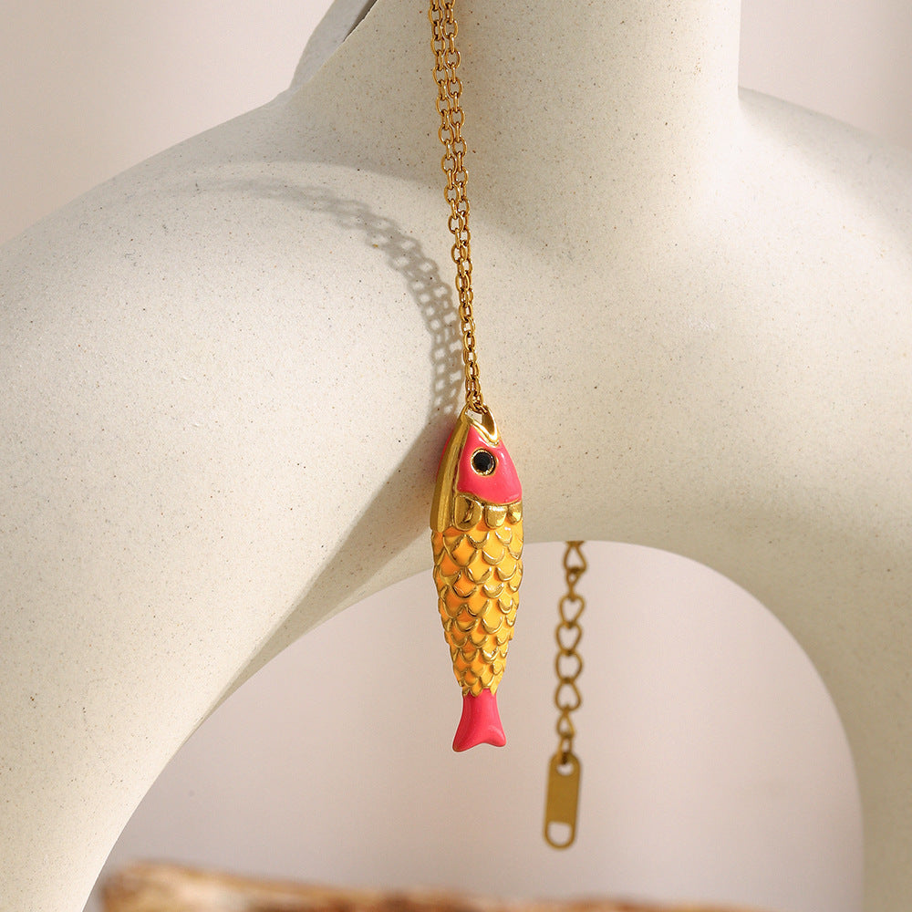 Luxury Minimalist Fish-Shaped Stainless Steel Plated 18K Gold Enamel Necklace for Women