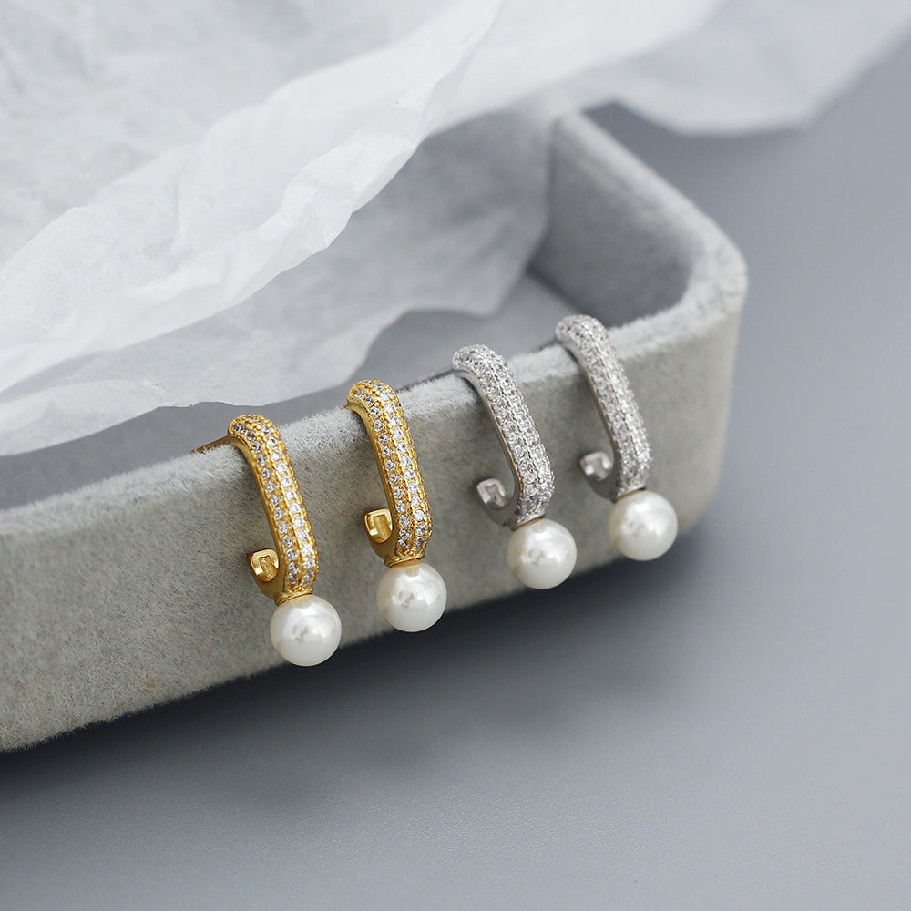 Minimalist Geometric Pearl Stud Earrings in Sterling Silver with Rhinestone Inlay for Women