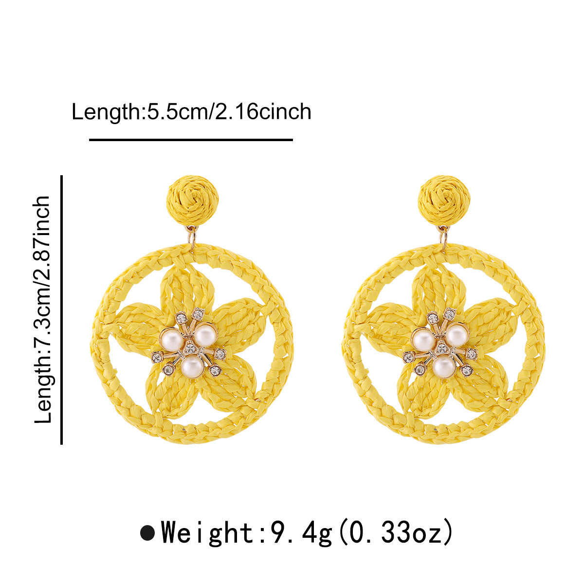 Orecchini a perno con fiore in rafia fatti a mano con strass e perle finte, stile vacanza, per donna