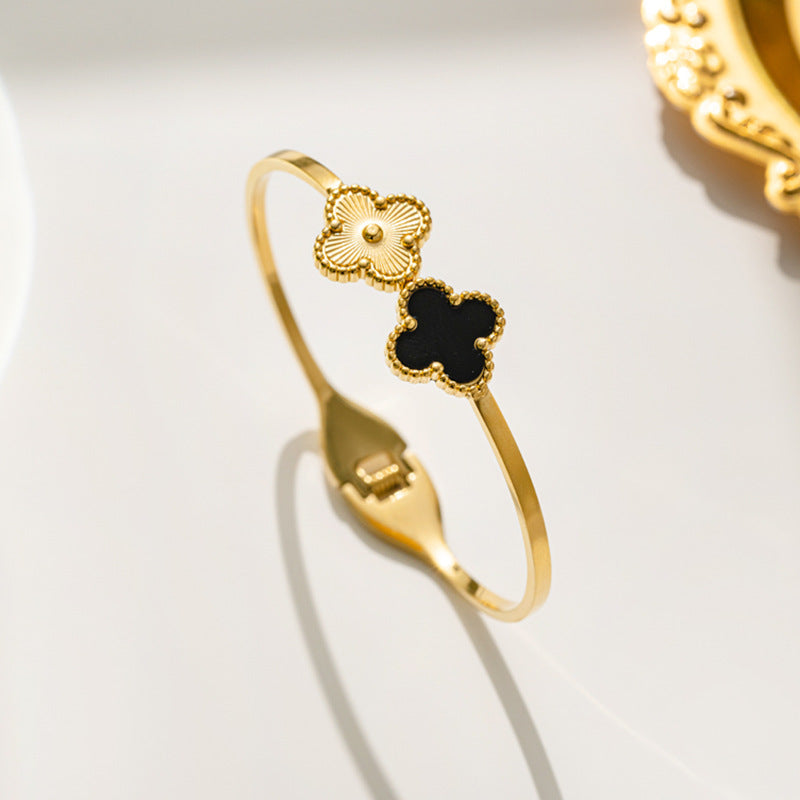 Minimalist Four-Leaf Clover Titanium Steel Bracelet for Women with Polished Finish and Adjustable Opening Design