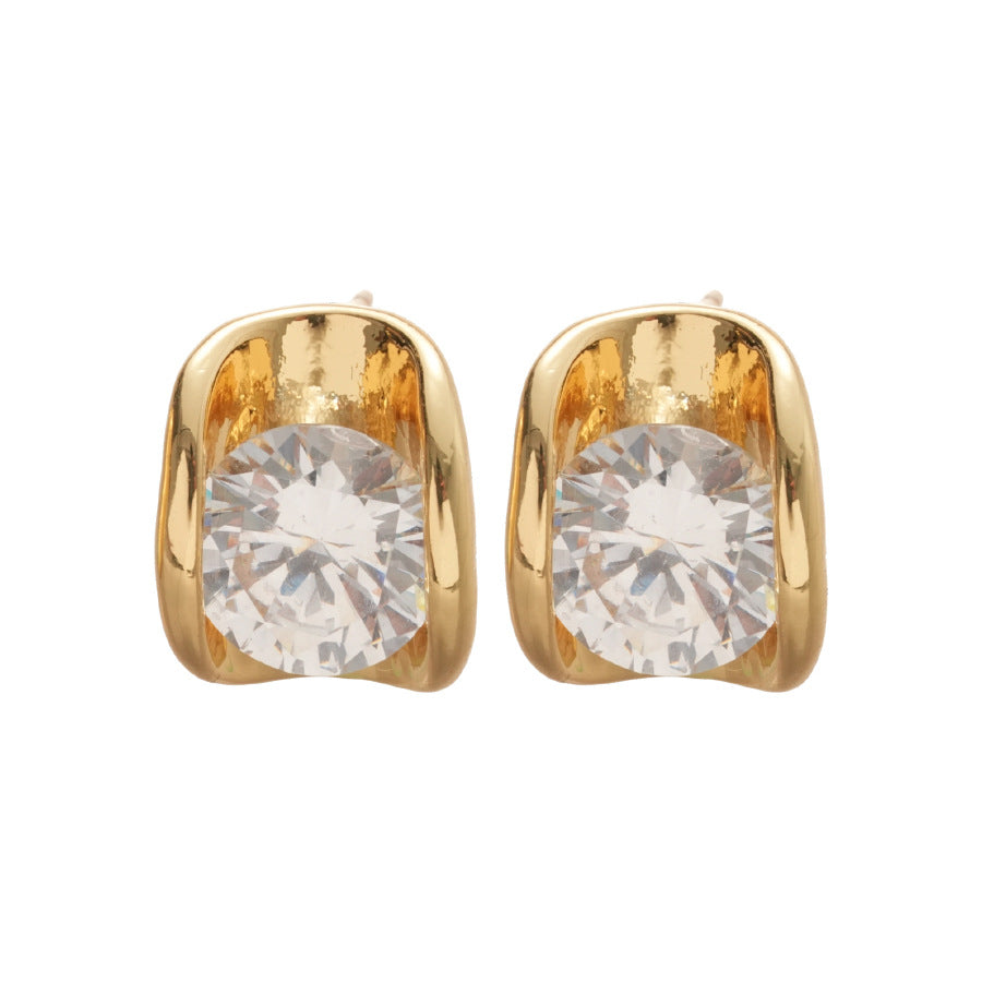 Pendientes Minimalistas de Oro de 18K con Diseño Geométrico Ovalado de Circonitas y Postes de Plata 925 para Mujer