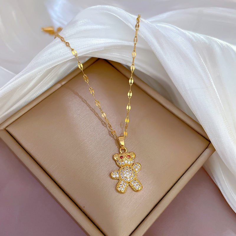 Luxury Minimalist Bear-Shaped Titanium Steel Necklace with Micro-Pave Rhinestone Accents for Women