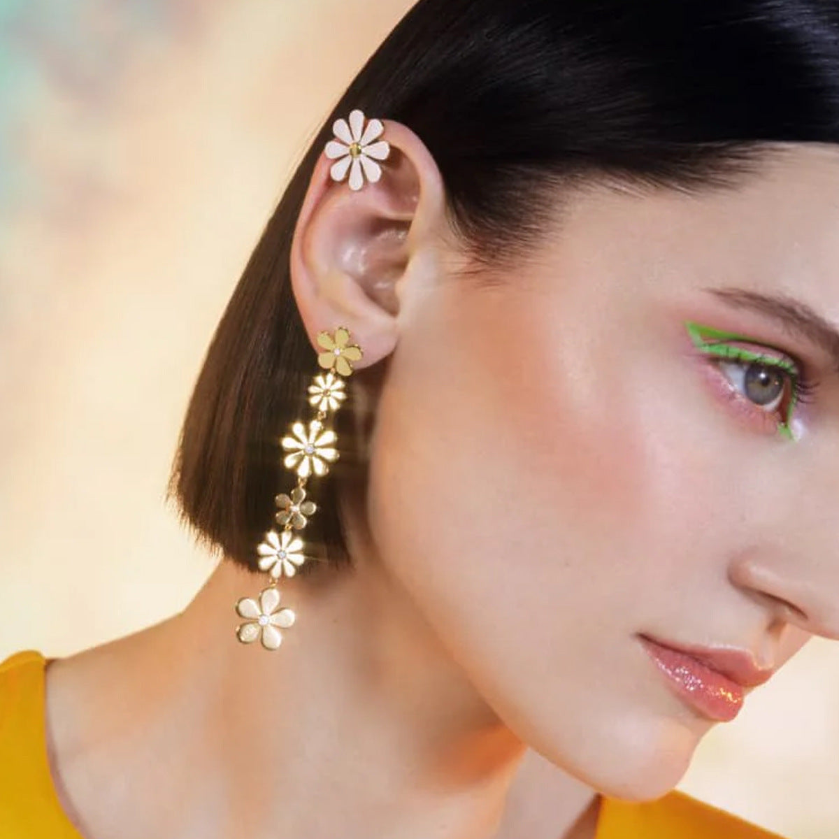 18K Gold Plated Stainless Steel Floral Dangle Earrings with Daisy Tassel