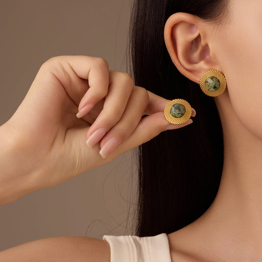 Vintage Stainless Steel Stud Earrings with Natural Cat's Eye Stone Inlay and Textured Round Design for Women