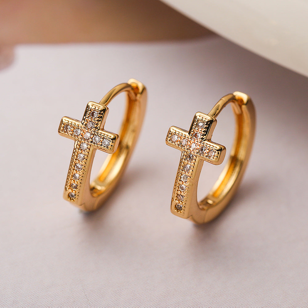 Fashionable Geometric Copper Earrings with Real Gold Plating and Zircon Inlay for Women