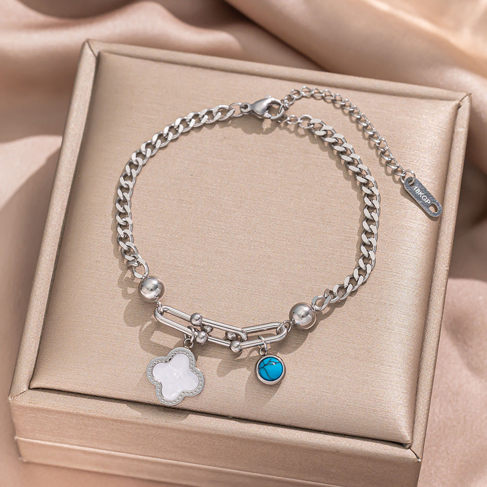 Geometric Stainless Steel Plated 18K Gold Butterfly-Shaped Bracelet with Turquoise Inlay and Horseshoe Clasp