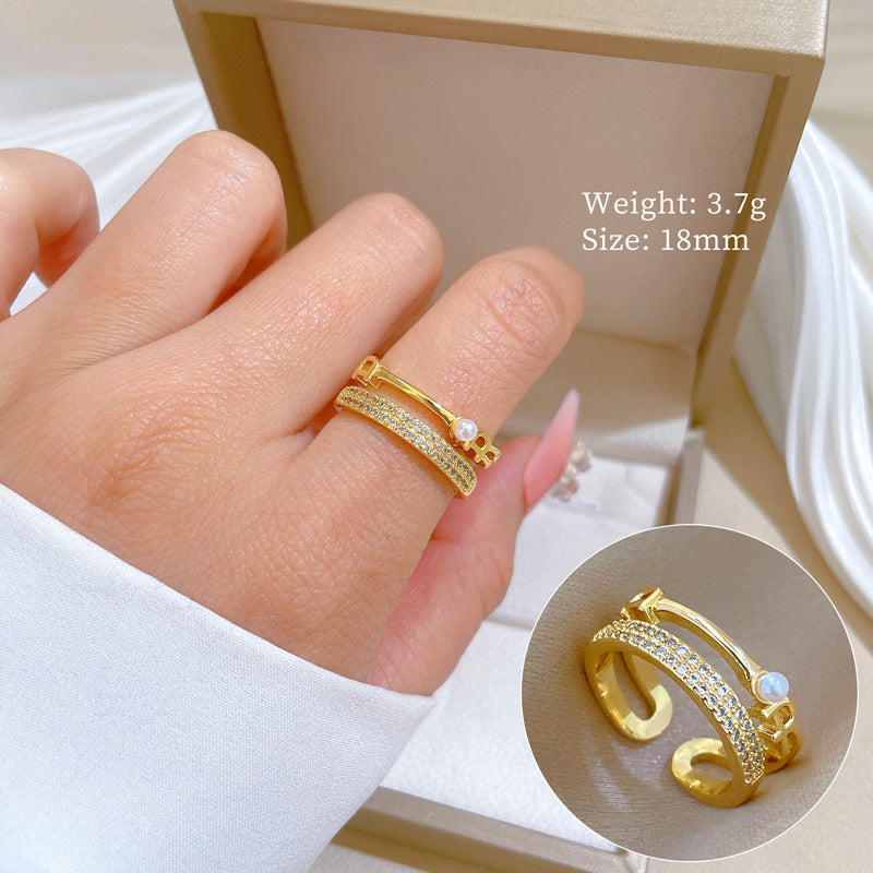 Minimalist Geometric Gold-Plated Brass Open Ring for Women with Crown Shape and Rhinestone Inlay