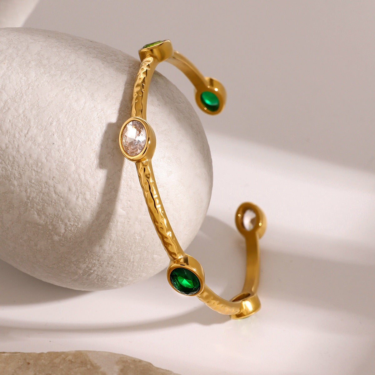 Minimalist Geometric Stainless Steel Bracelet with Rhinestone Accents Plated in 18K Gold Tone Titanium Steel for Women