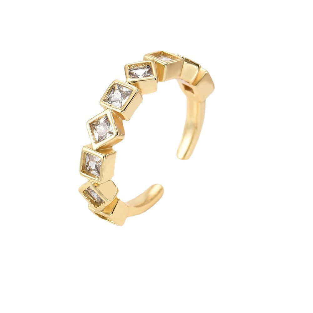 Anello da donna aperto geometrico minimalista in ottone placcato oro con micro-pavé di zirconi
