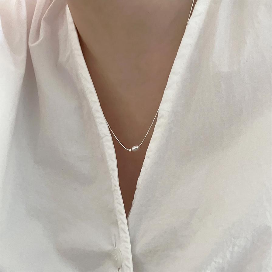 Minimalist Geometric Pearl Necklace in 925 Sterling Silver with Rhodium Plating on Snake Chain