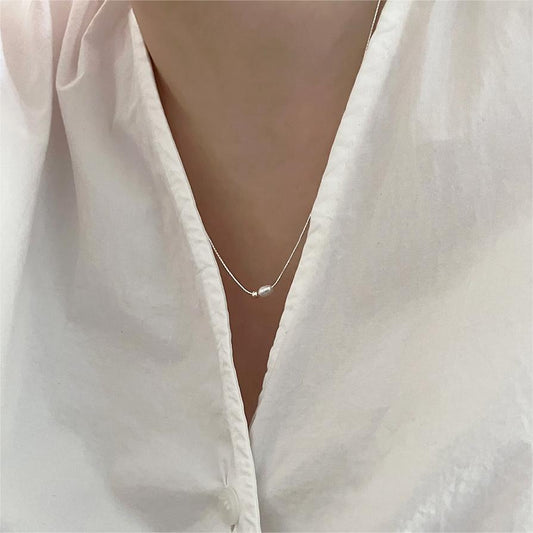 Minimalist Geometric Pearl Necklace in 925 Sterling Silver with Rhodium Plating on Snake Chain