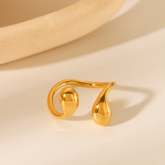 Ins Style 18K Gold Plated Stainless Steel Double Water Drop Geometric Ring for Women