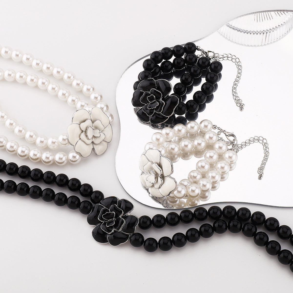 Retro French Style Camellia-Shaped Handcrafted Enamel Alloy Bracelet and Necklace Set for Women with Pearl Chain