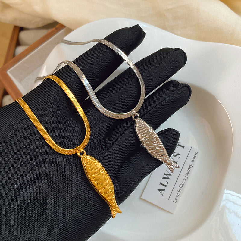 Vintage Fish Titanium Steel Plated Necklace with Snake Chain