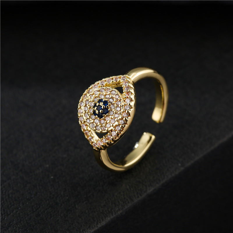 Gold Plated Brass Micro-inlay Cubic Zirconia Evil Eye Adjustable Ring for Women
