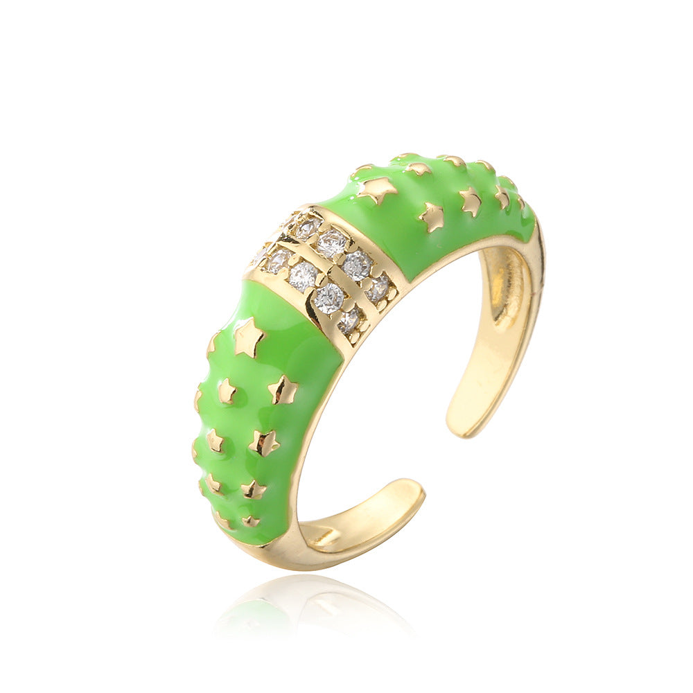 Anello Aperto Geometrico Stile Bohemien in Rame con Placcatura in Oro 18K e Zirconia Smaltata Colorata