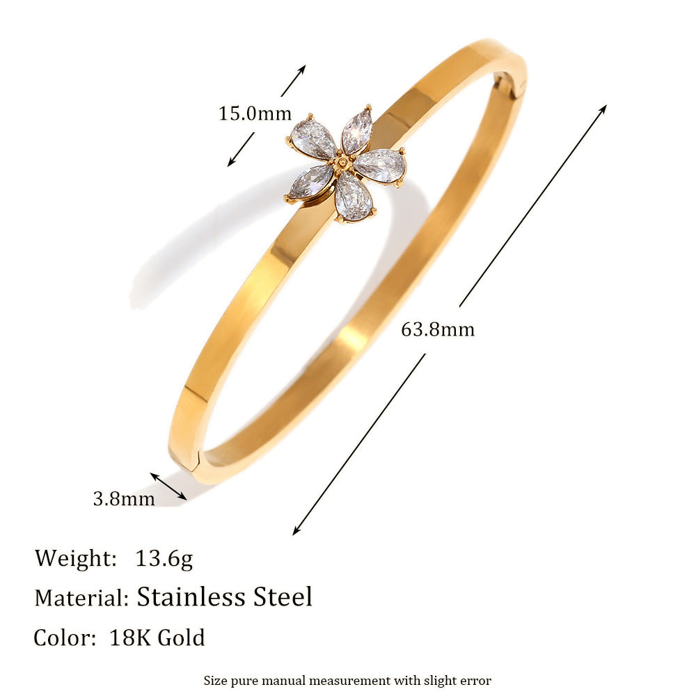 Elegant Business 18K Gold Plated Stainless Steel Floral Geometric Diamond Bangle for Women