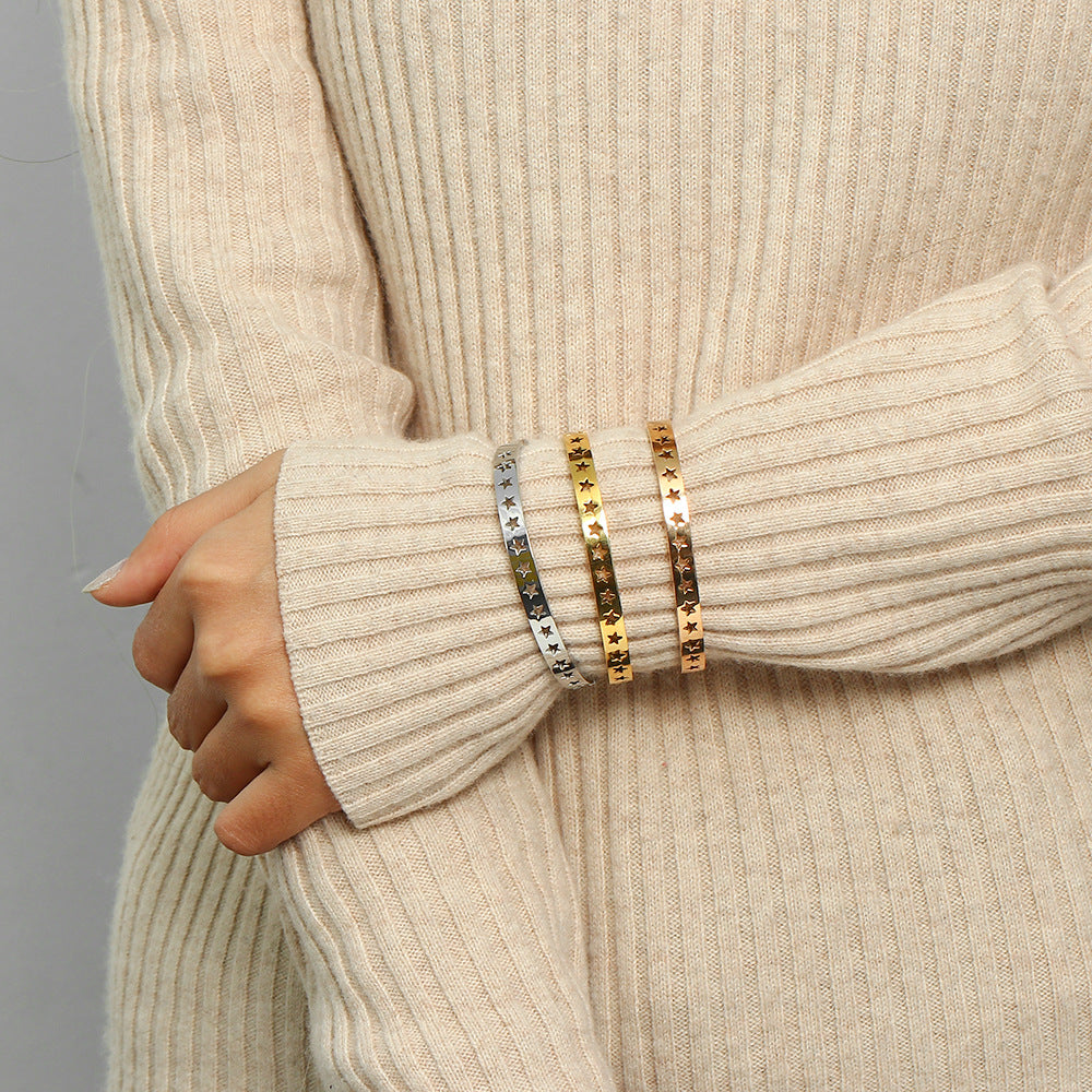 Fashion Rose Gold Plated 18K Stainless Steel Hollow Star Pattern Cuff Bracelet