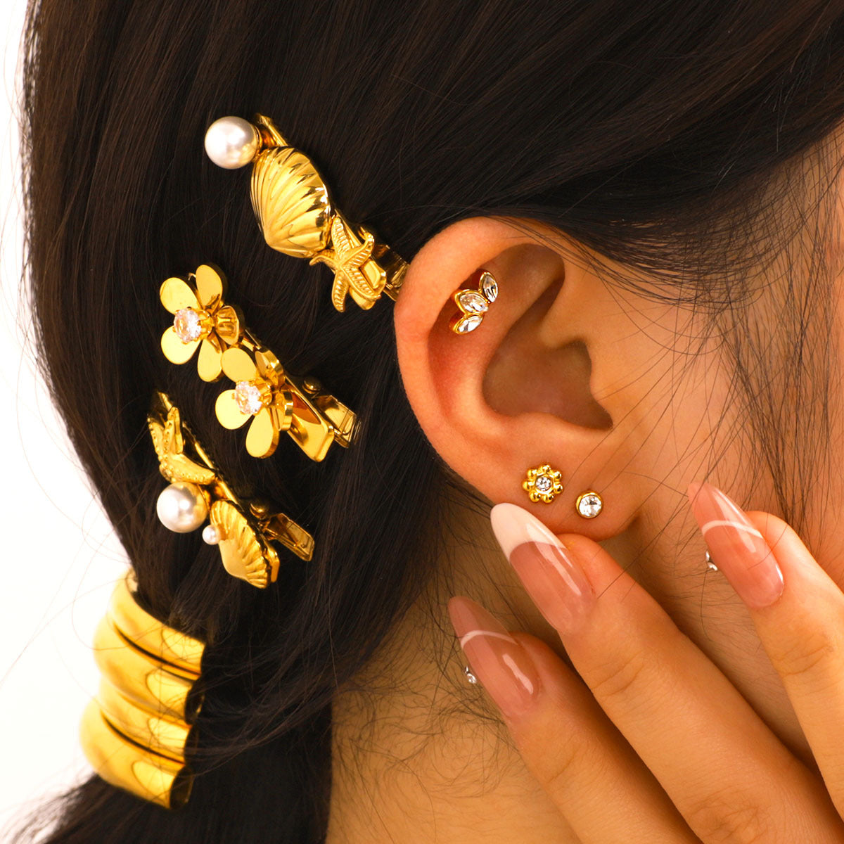 Floral Crown Shaped Zircon Stainless Steel Ear Cuff for Women with Vacuum Plated 18K Gold Finish