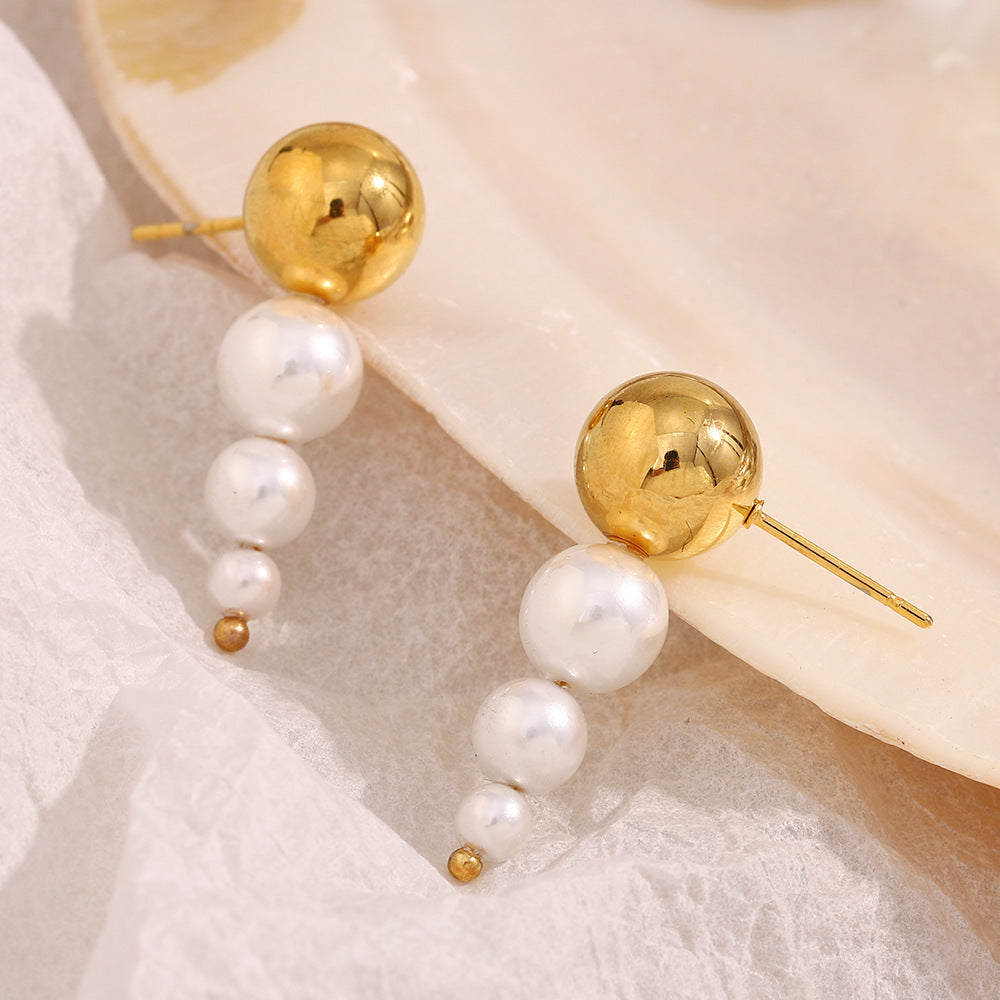 Minimalist Geometric Stainless Steel Earrings with 18K Gold Plating and Pearl Accents for Women