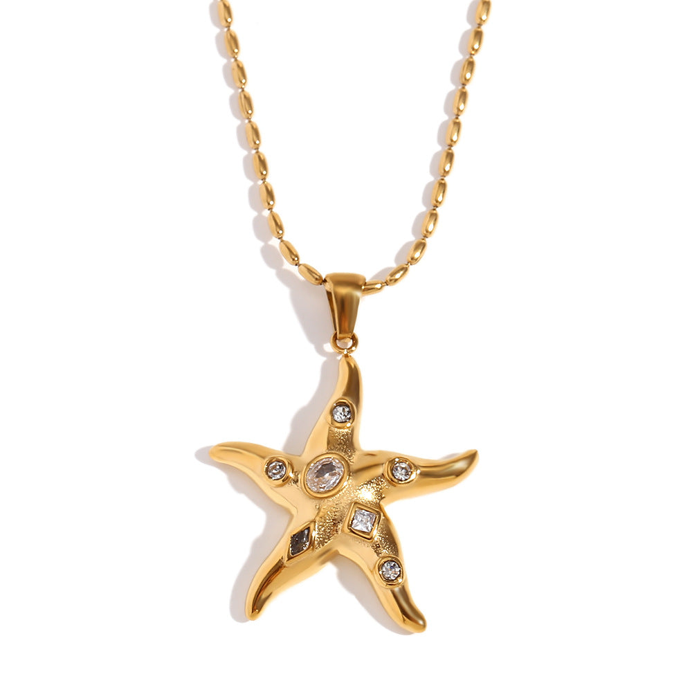 Collar con colgante de estrella de mar geométrica para mujer en acero inoxidable con baño de oro de 18K e incrustaciones de circonitas
