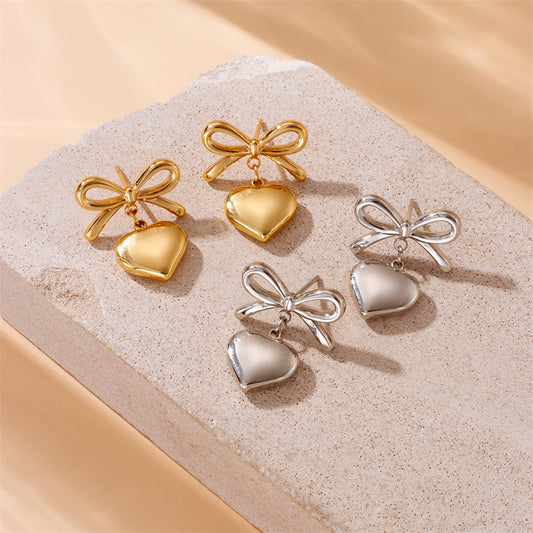 Fashion Office Stainless Steel Bow Heart Pendant Dangle Earrings
