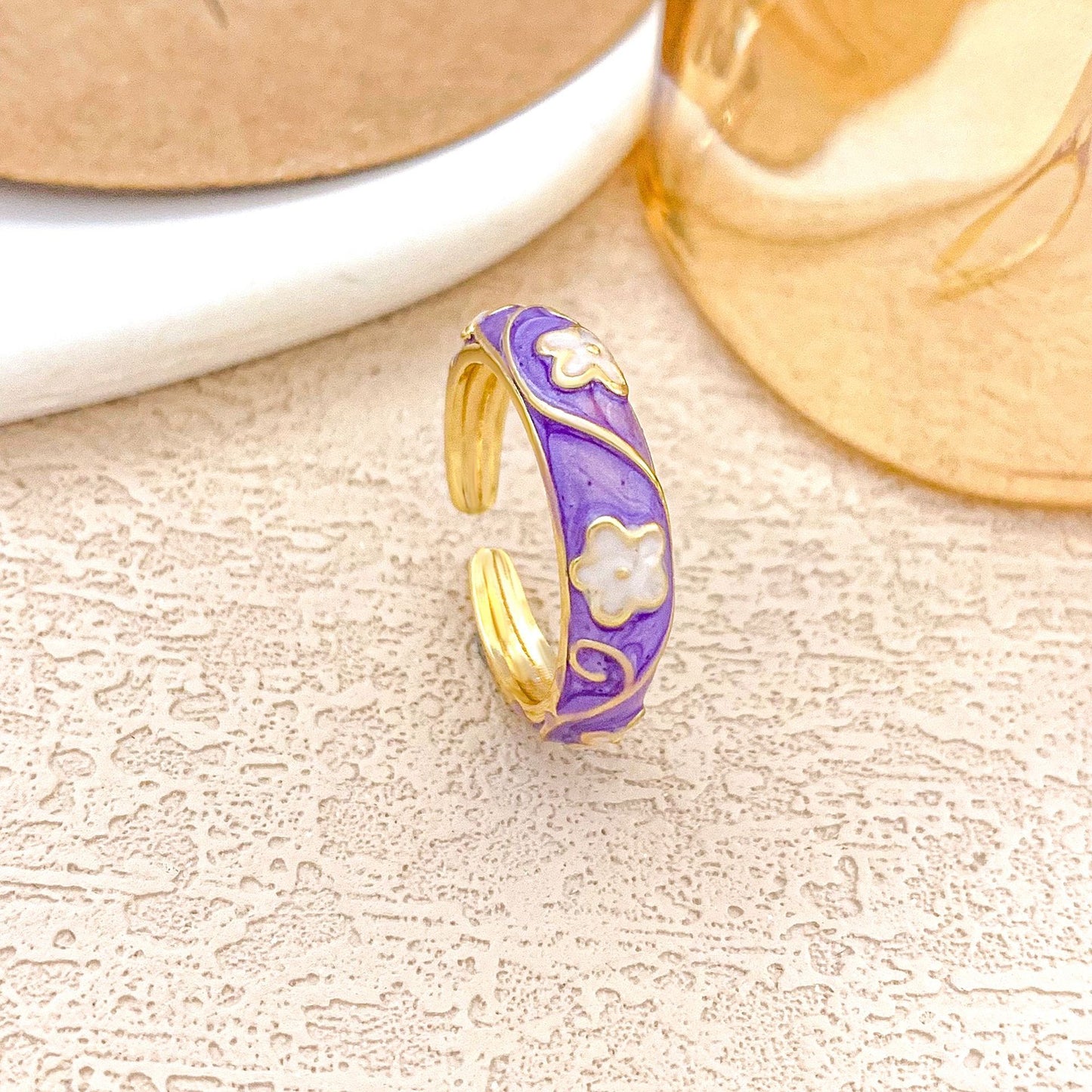 Sweet Floral Enamel Plated Alloy Ring for Women