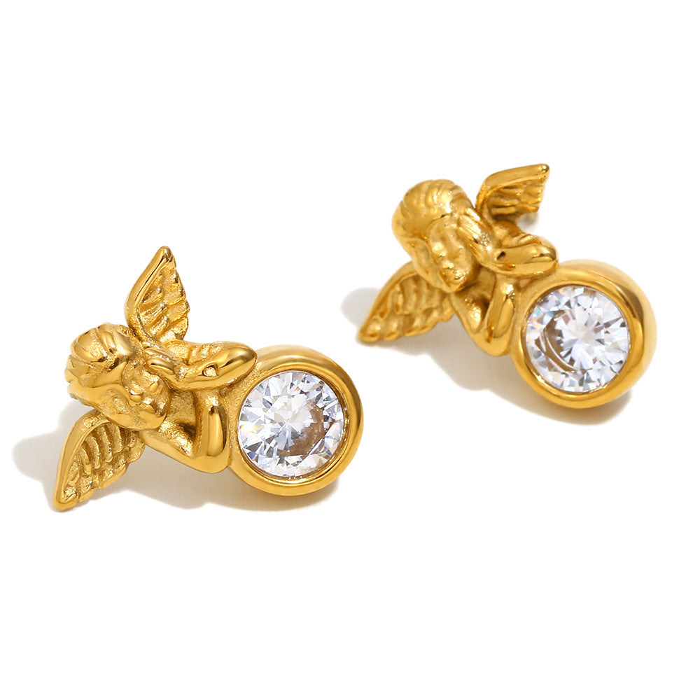 Fashionable Vintage Geometric Stainless Steel 18K Gold Plated Angel Zircon Stud Earrings for Women