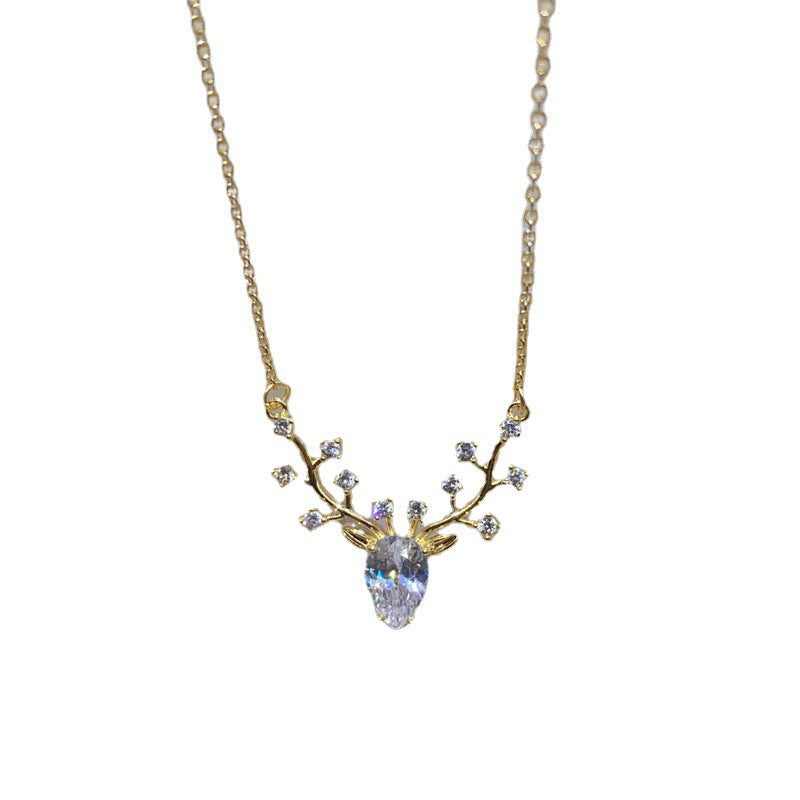 Collar con colgante de cuerno de ciervo minimalista estilo natural para mujer, cadena de onda de agua de acero de titanio con chapado en oro
