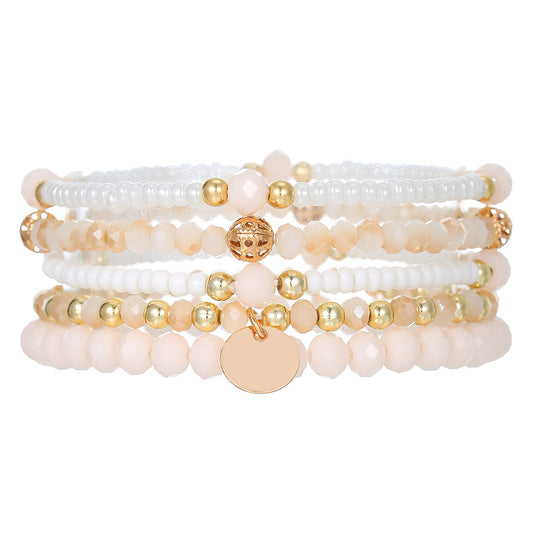 Bohemian Minimalist Geometric Round Glass Bead Alloy Multi-Layer Stretch Bracelet Set for Women