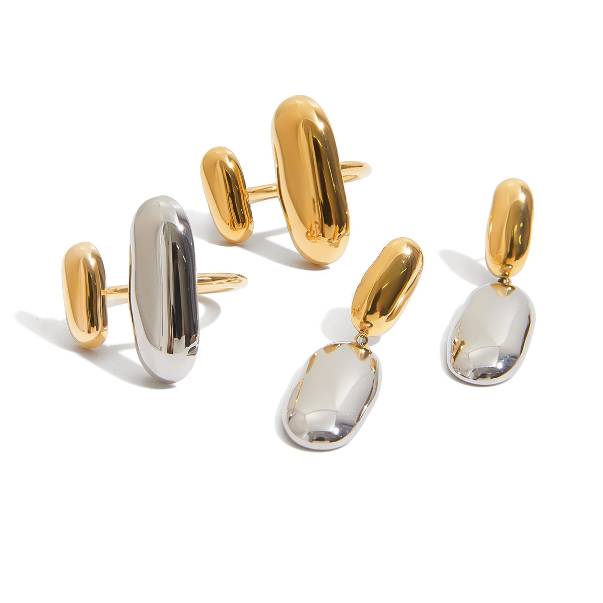 Color Block Oval Geometric Stainless Steel and Titanium Steel Plated Earring and Ring Set for Women