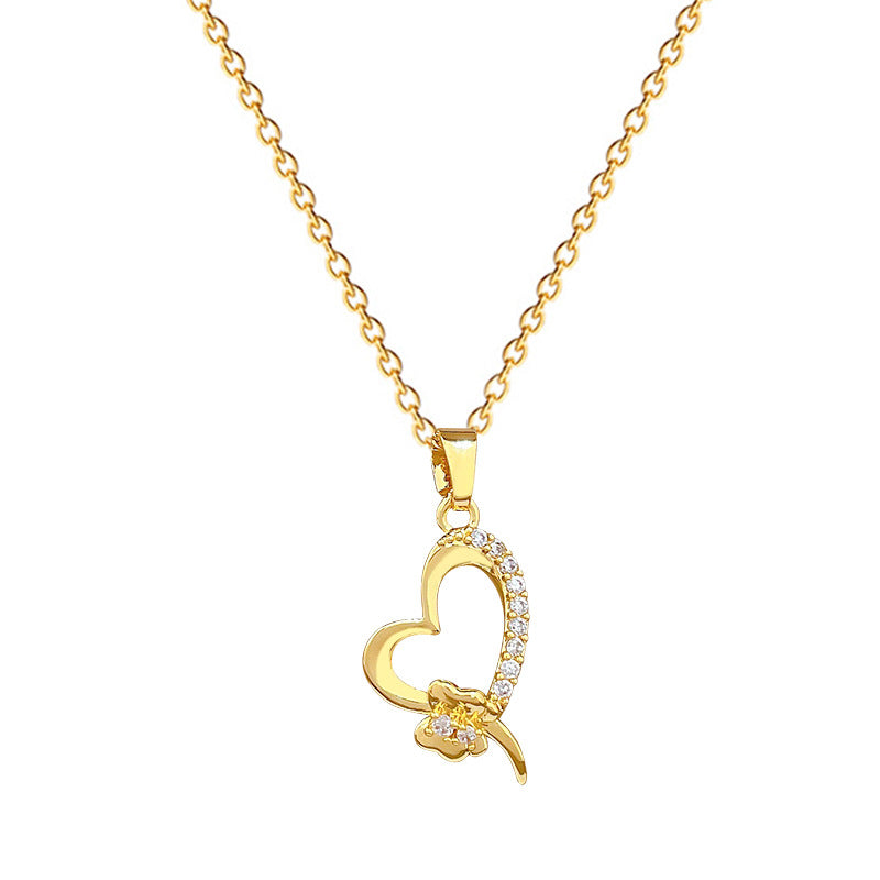 Sweet Heart Bow Geometric Rhinestone Pendant Titanium Steel Necklace for Unisex