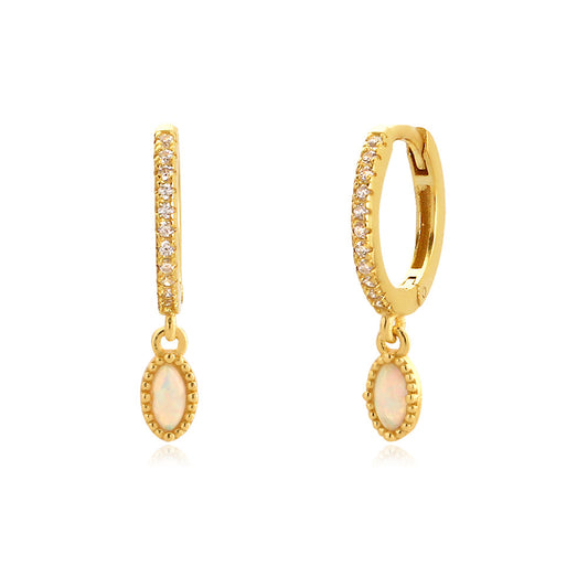Pendientes de aro geométricos minimalistas de plata de ley S925 con circonitas cúbicas e incrustaciones de ópalo para mujer