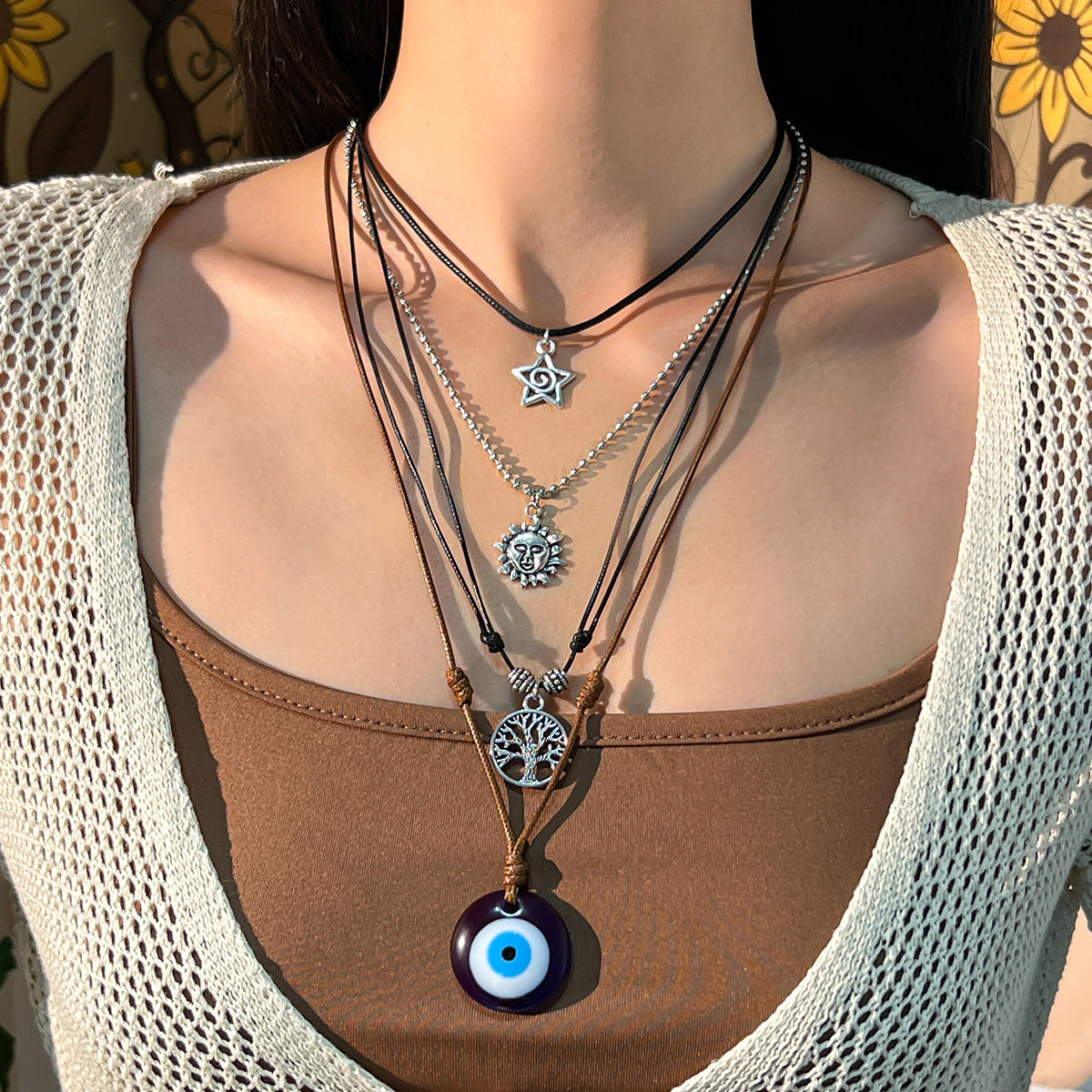 Vintage Bohemian Ethnic Star Geometric Alloy Pendant Acrylic Plated Multi-layer Necklace for Women