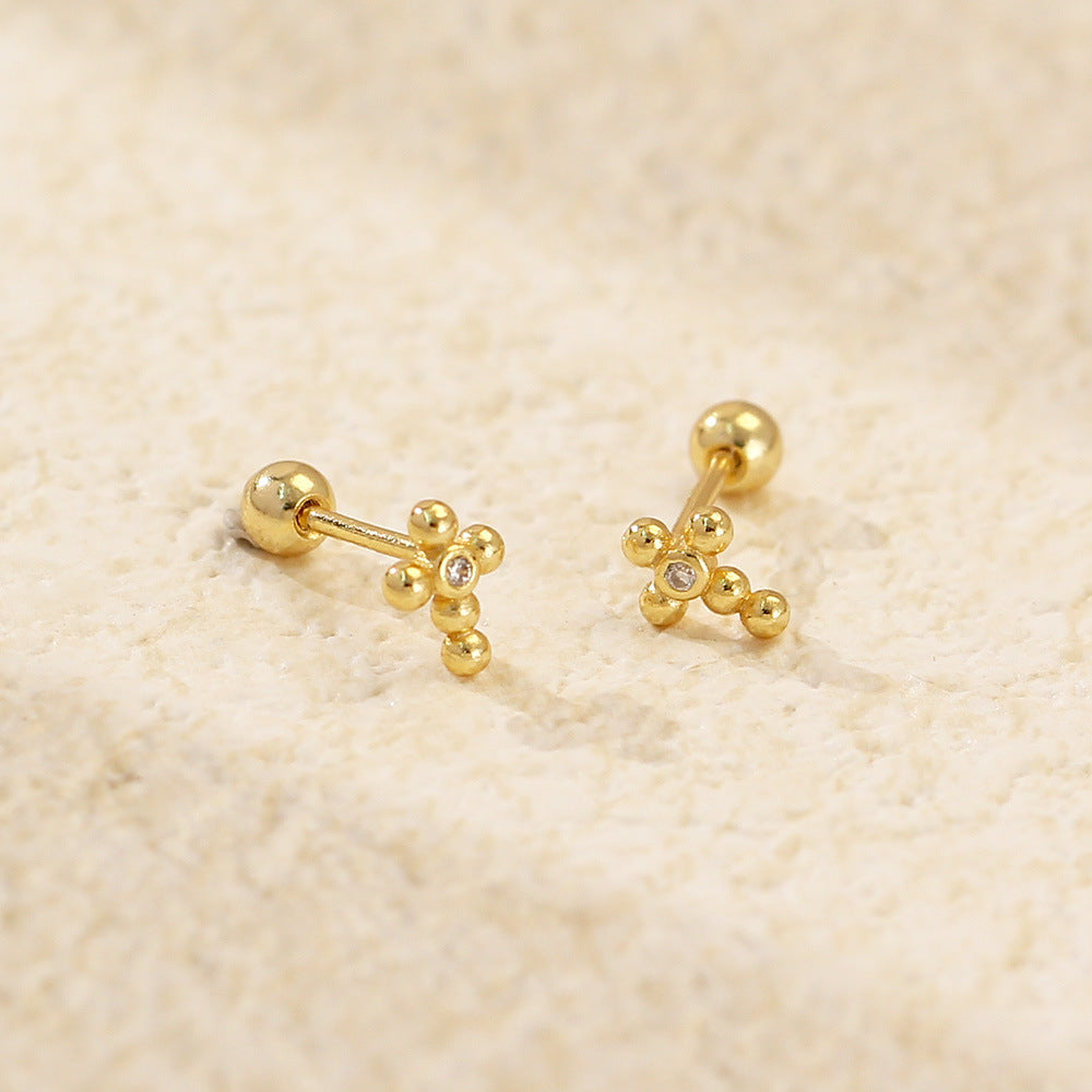 Sweet Punk 925 Sterling Silver Cross Plated Rhinestone Threaded Stud Earrings