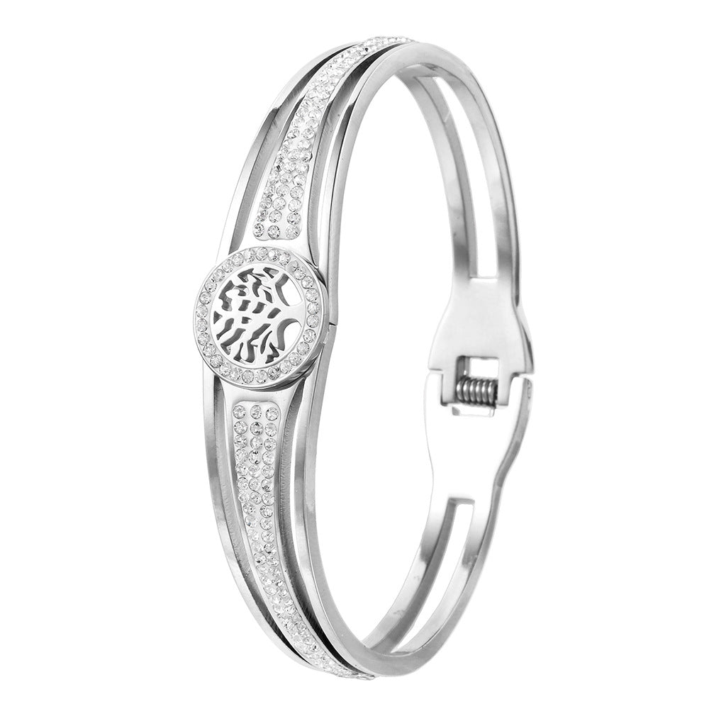 Hollow Geometric Floral Cubic Zirconia Inlay Plated Stainless Steel Tree of Life Bracelet