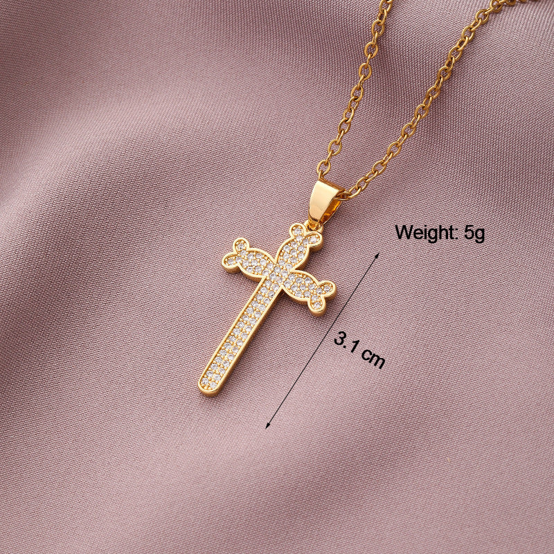 Collar Minimalista de Cobre con Colgante de Cruz e Incrustaciones de Pedrería en Cadena O para Uso Unisex