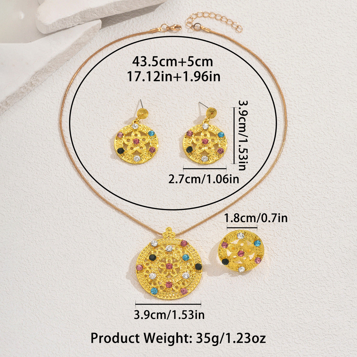 Set di collana e orecchini geometrici intarsiati con strass da donna, gioielli di moda in lega con elementi rotondi, ovali e circolari