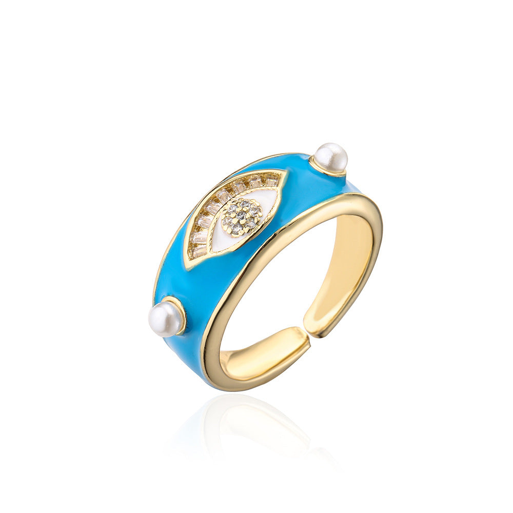 Minimalist Geometric Eye-Shaped Open Ring for Women Made of Brass with 18K Gold Plating and AAA Zircon Inlay