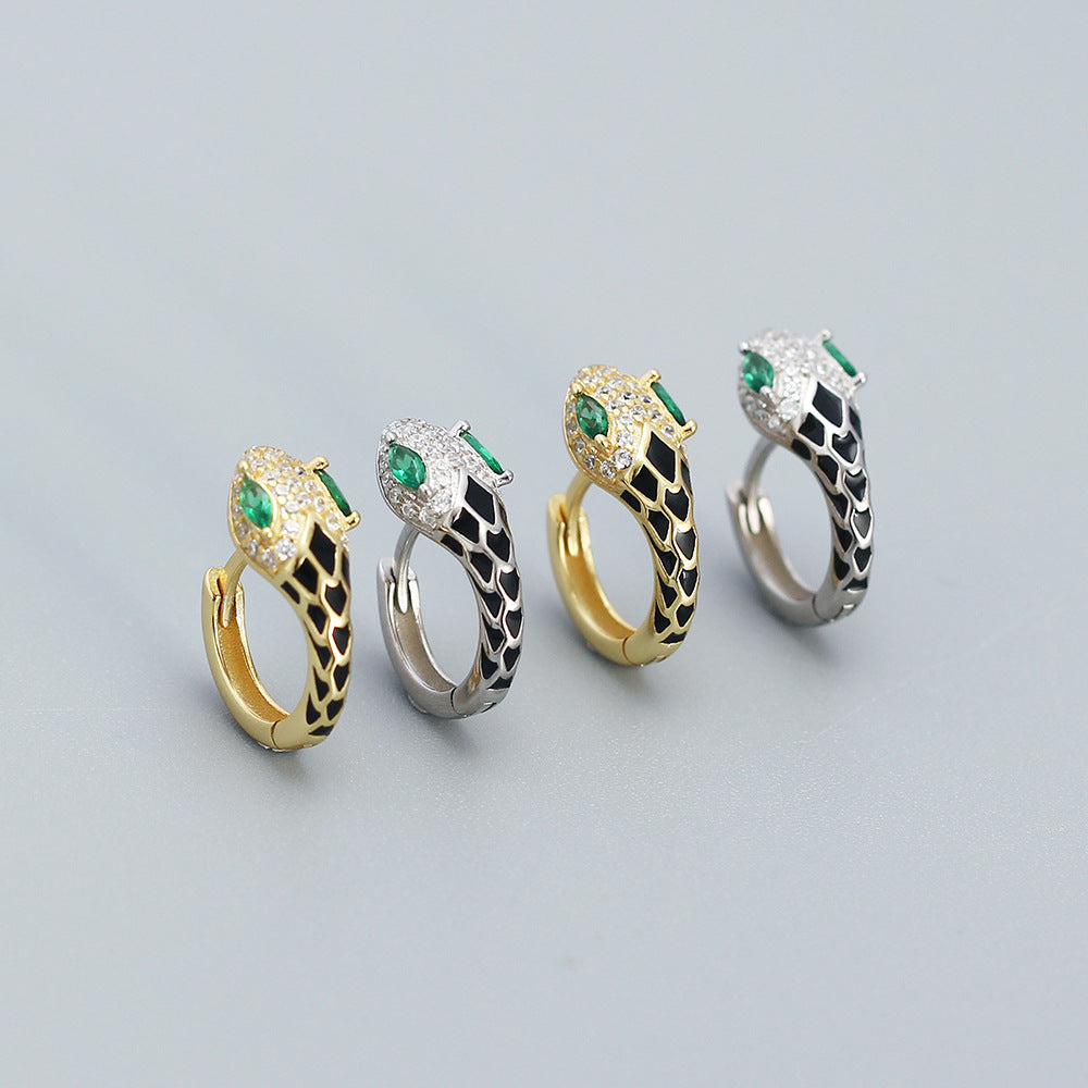 Minimalist Snake-Shaped S925 Sterling Silver Stud Earrings with Rhinestone Inlay and Resin Drip Detail for Women