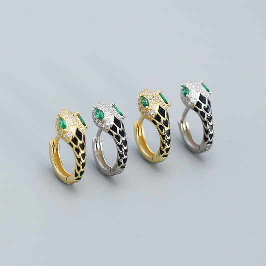 Minimalist Snake-Shaped S925 Sterling Silver Stud Earrings with Rhinestone Inlay and Resin Drip Detail for Women